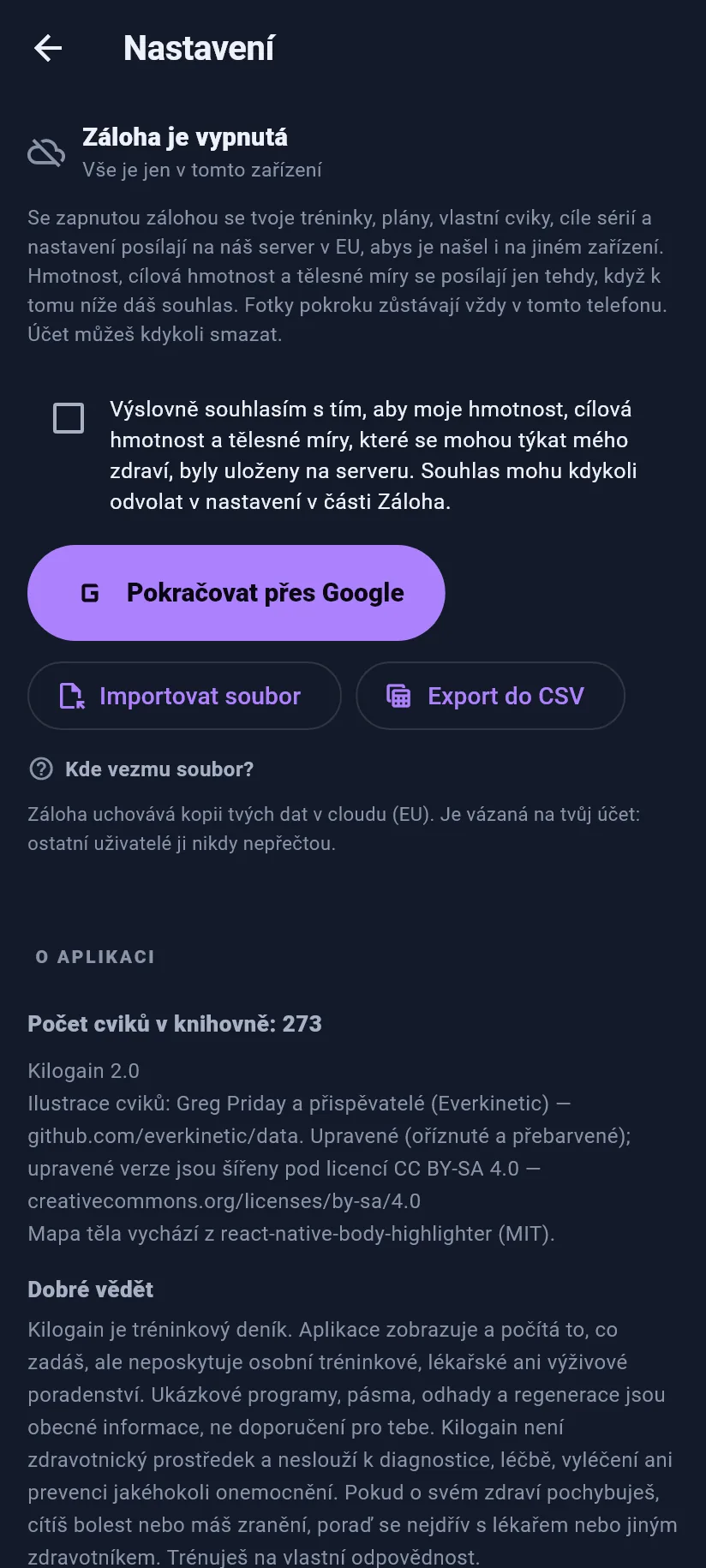 Nastavení: trénink, záloha a data