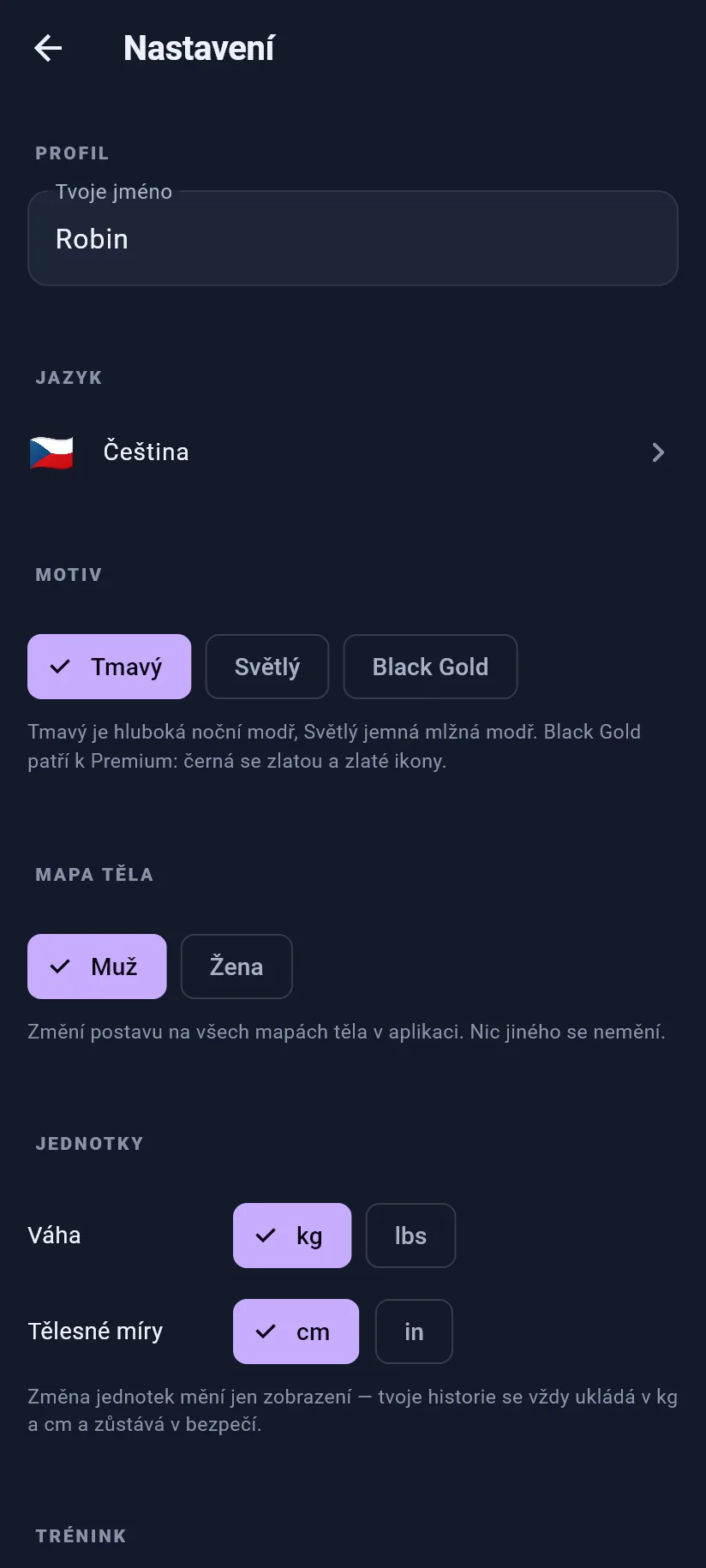 Nastavení: profil a zobrazení