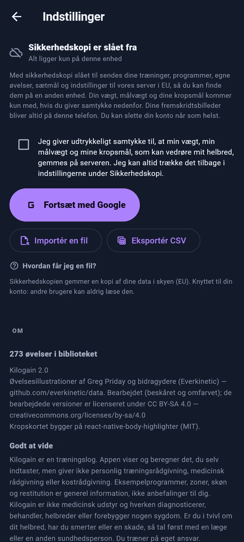 Indstillinger: træning, sikkerhedskopi og data