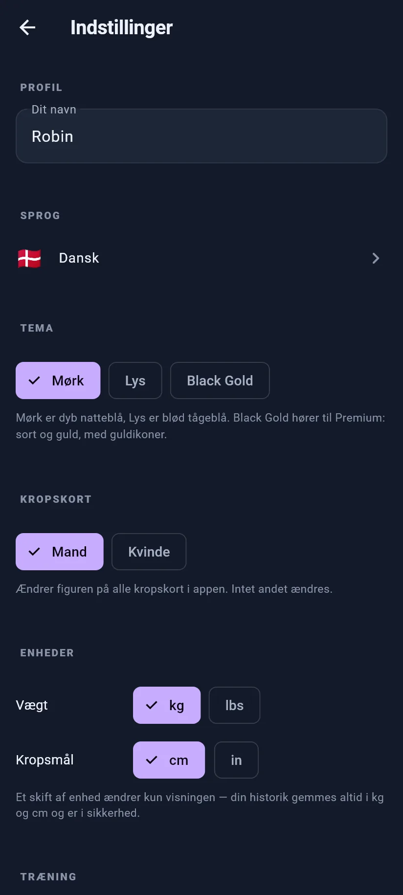 Indstillinger: profil og visning