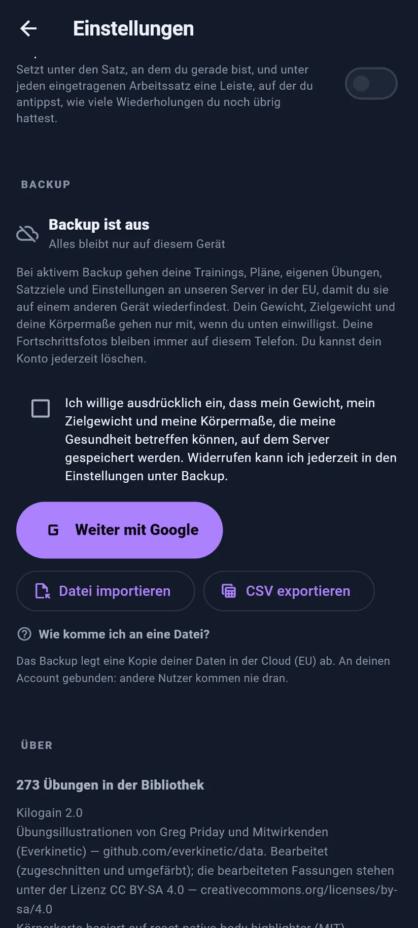 Einstellungen: Training, Backup und Daten