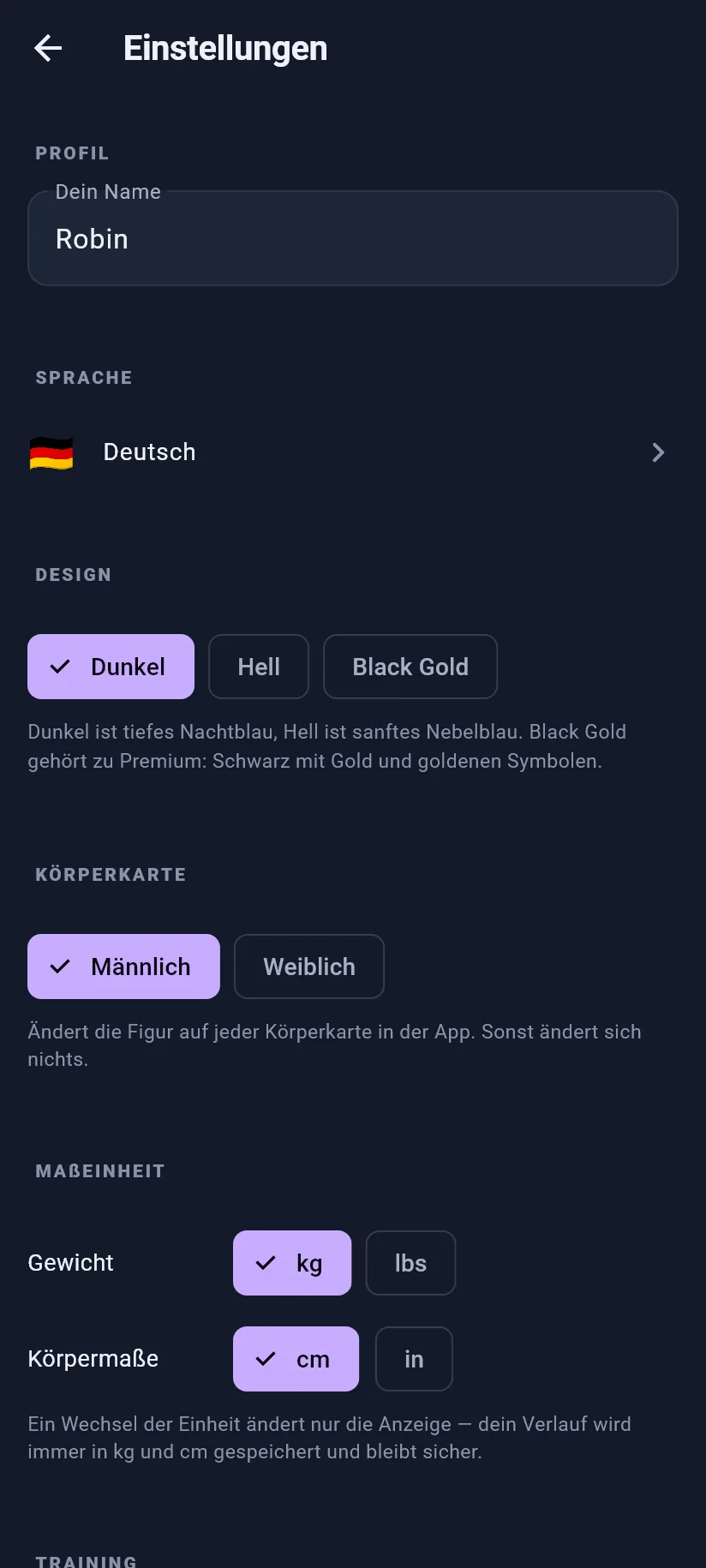 Einstellungen: Profil und Darstellung