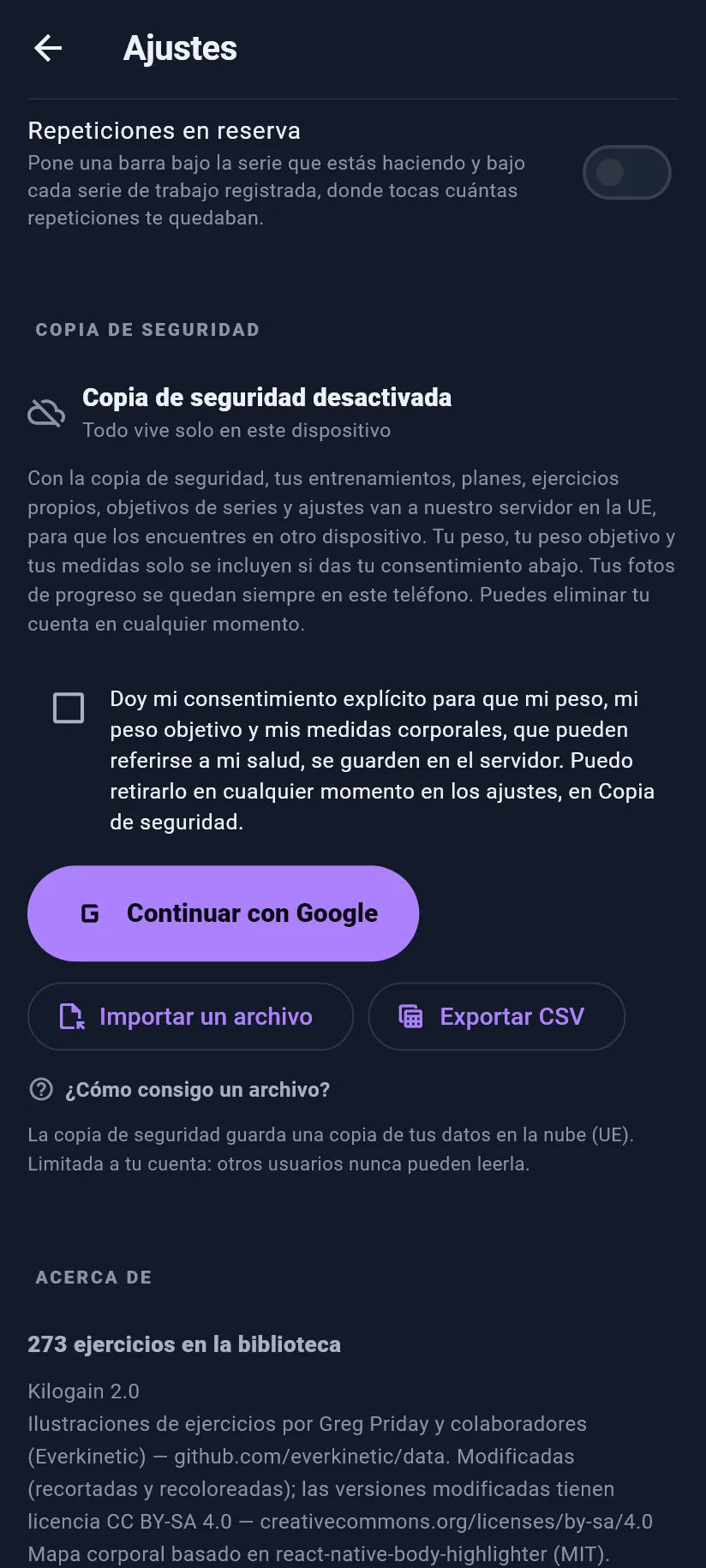 Ajustes: entreno, copia de seguridad y datos