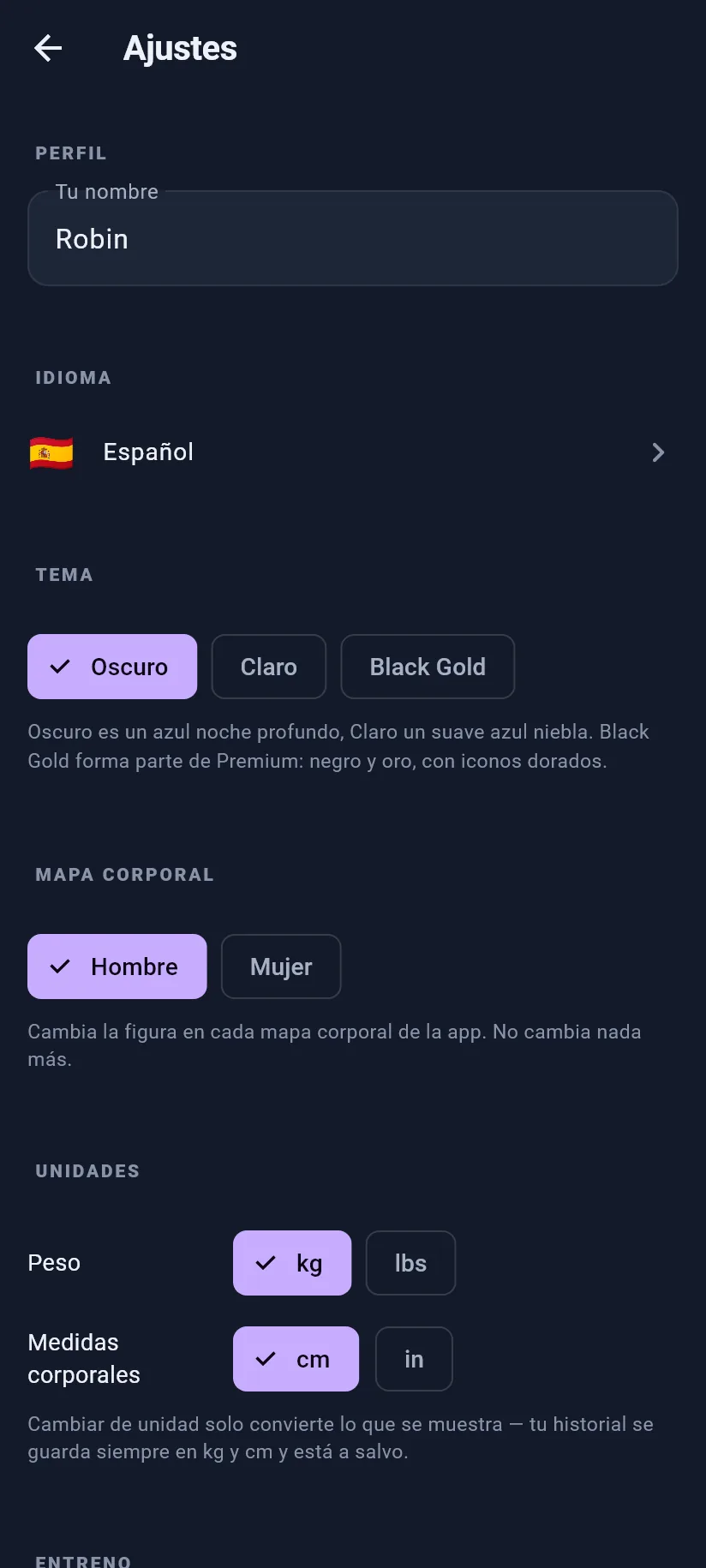 Ajustes: perfil y apariencia