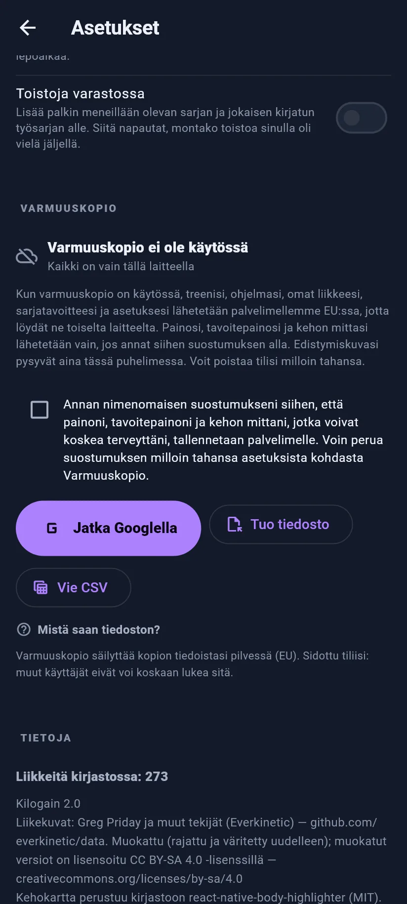 Asetukset: treeni, varmuuskopio ja tiedot