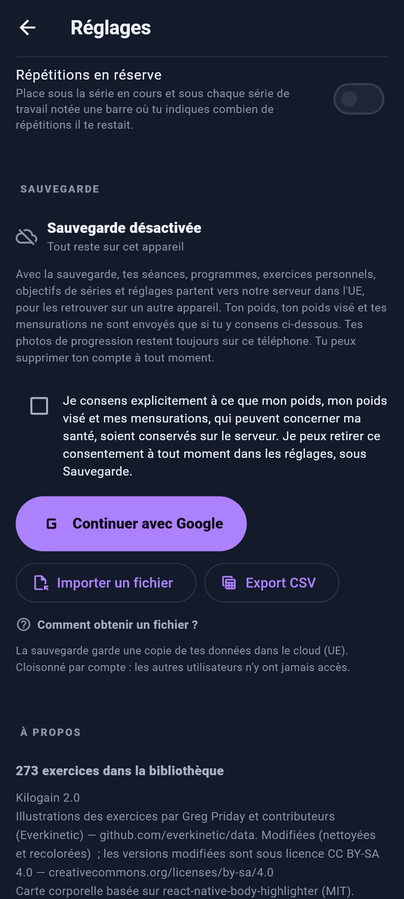 Réglages : entraînement, sauvegarde et données