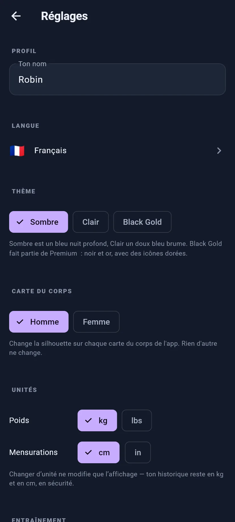 Réglages : profil et affichage