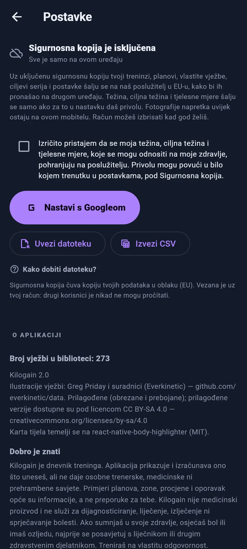 Postavke: trening, sigurnosna kopija i podaci
