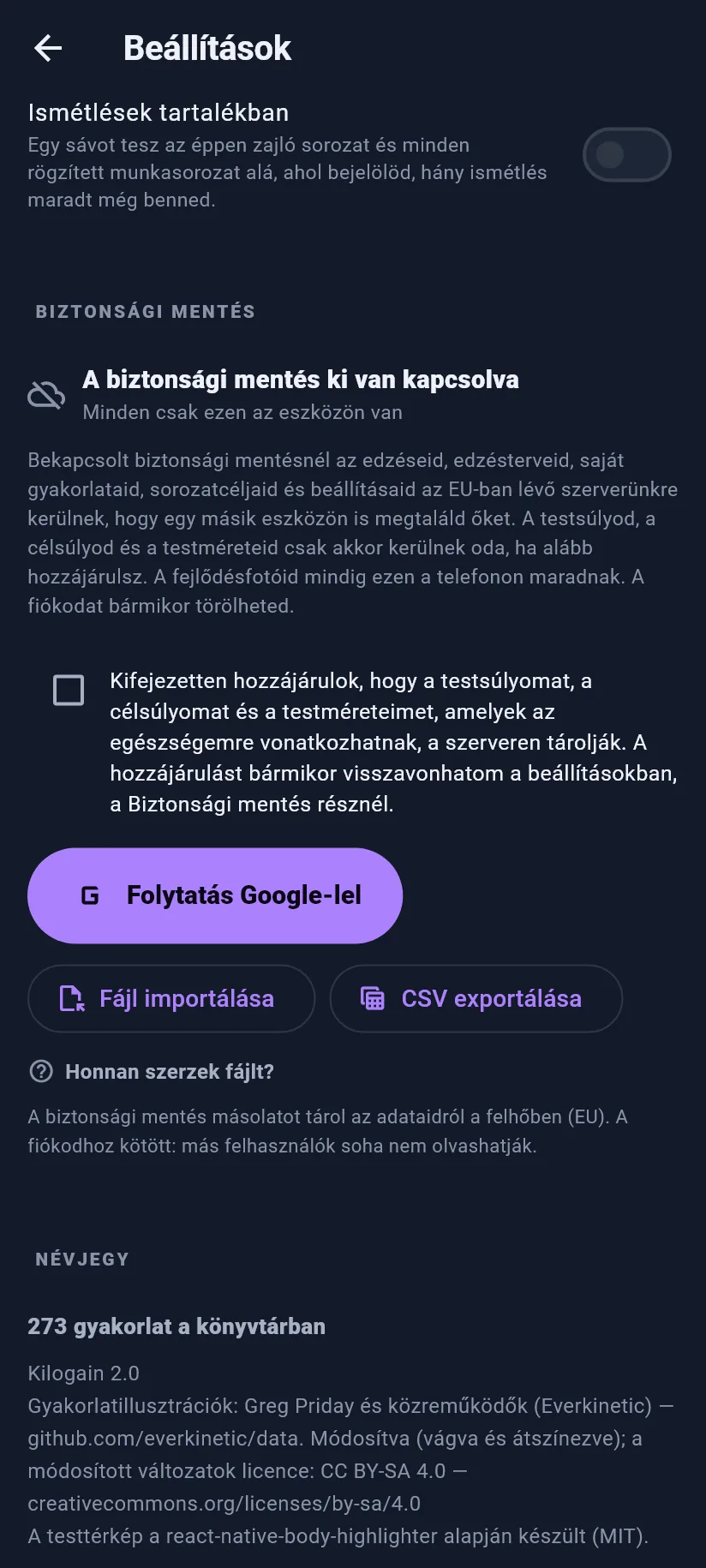 Beállítások: edzés, biztonsági mentés és adatok
