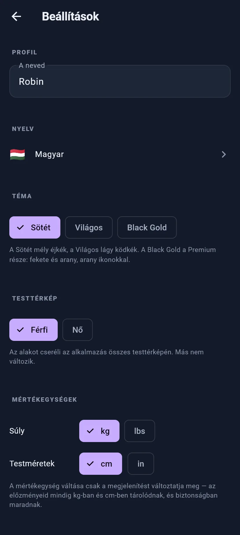 Beállítások: profil és megjelenés