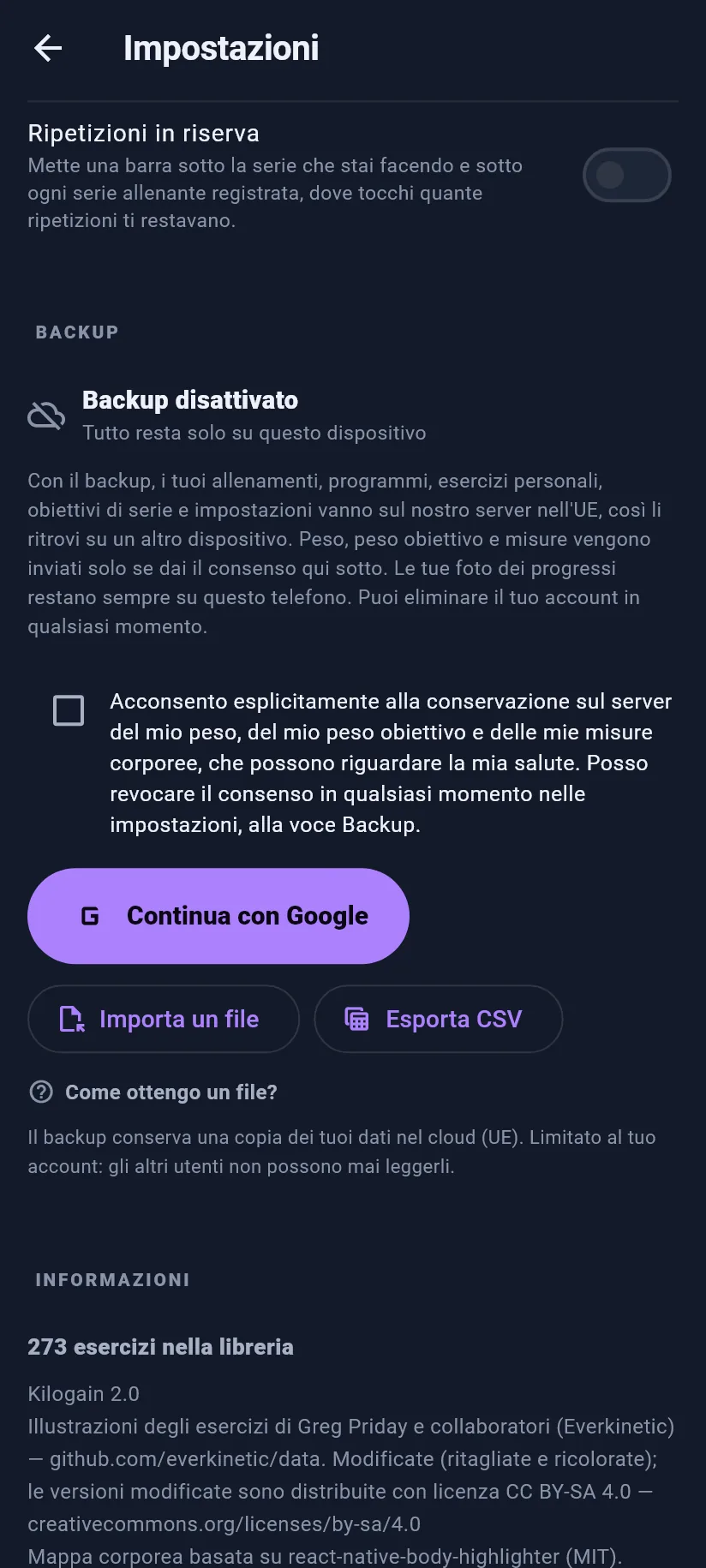 Impostazioni: allenamento, backup e dati