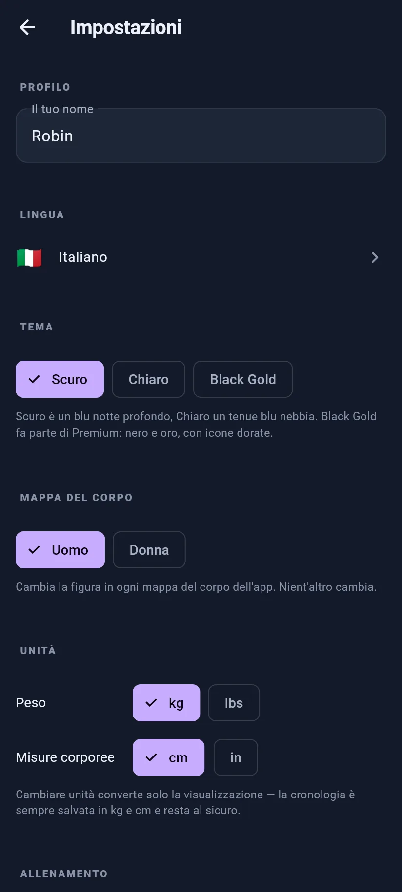 Impostazioni: profilo e aspetto