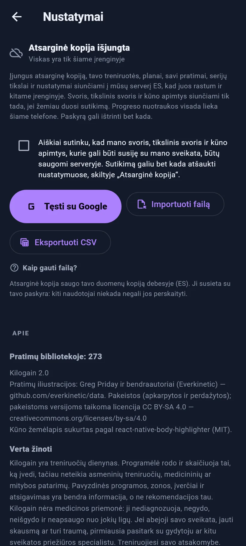 Nustatymai: treniruotė, atsarginė kopija ir duomenys