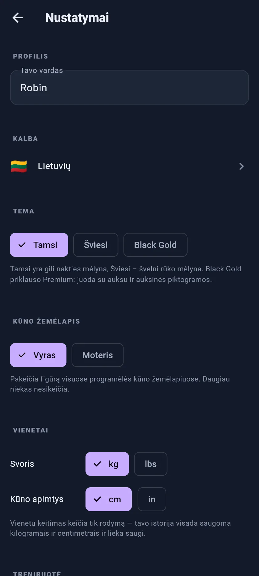 Nustatymai: profilis ir išvaizda