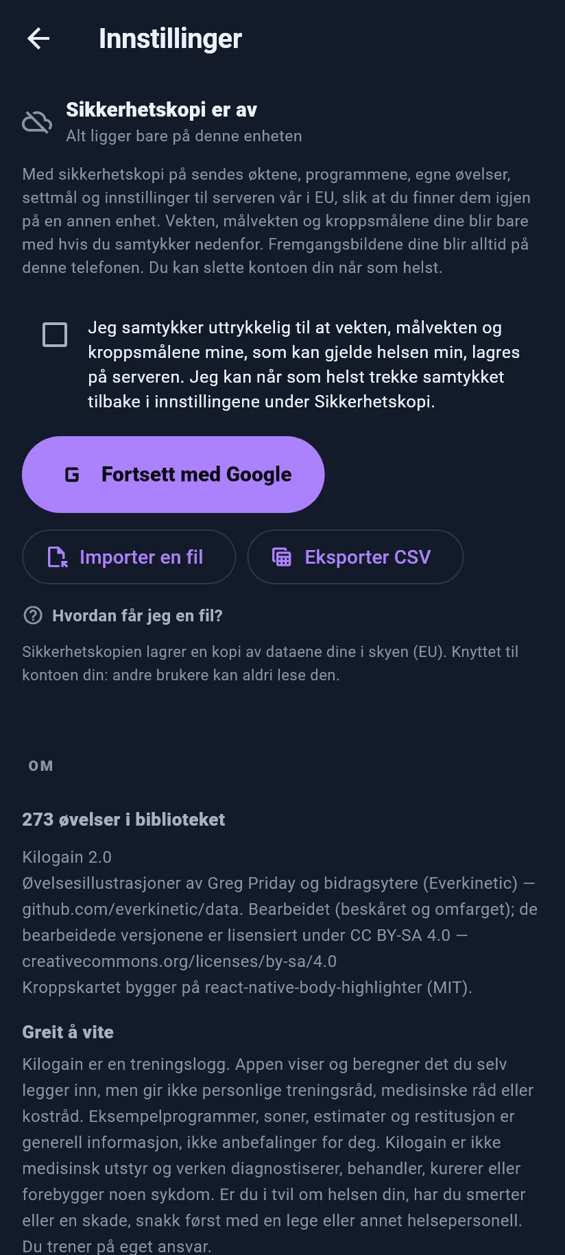 Innstillinger: trening, sikkerhetskopi og data