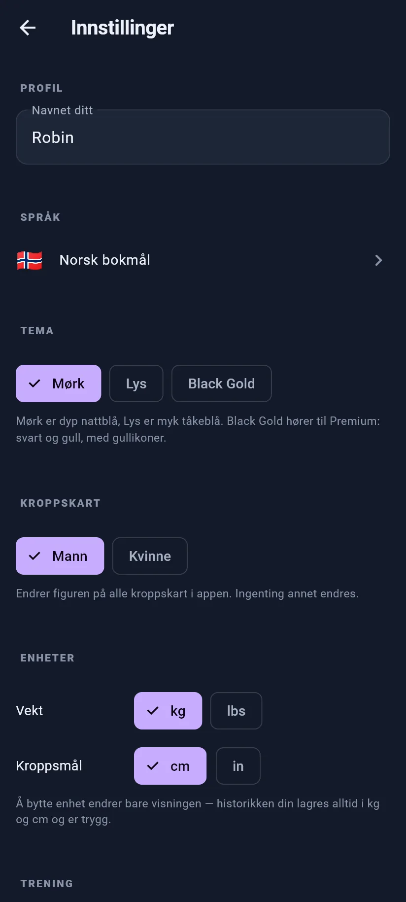 Innstillinger: profil og visning
