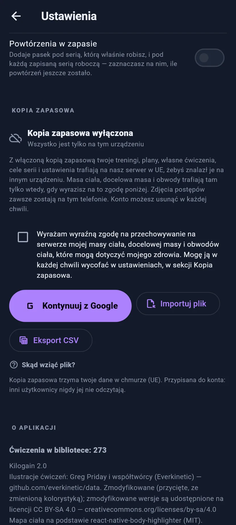 Ustawienia: trening, kopia zapasowa i dane