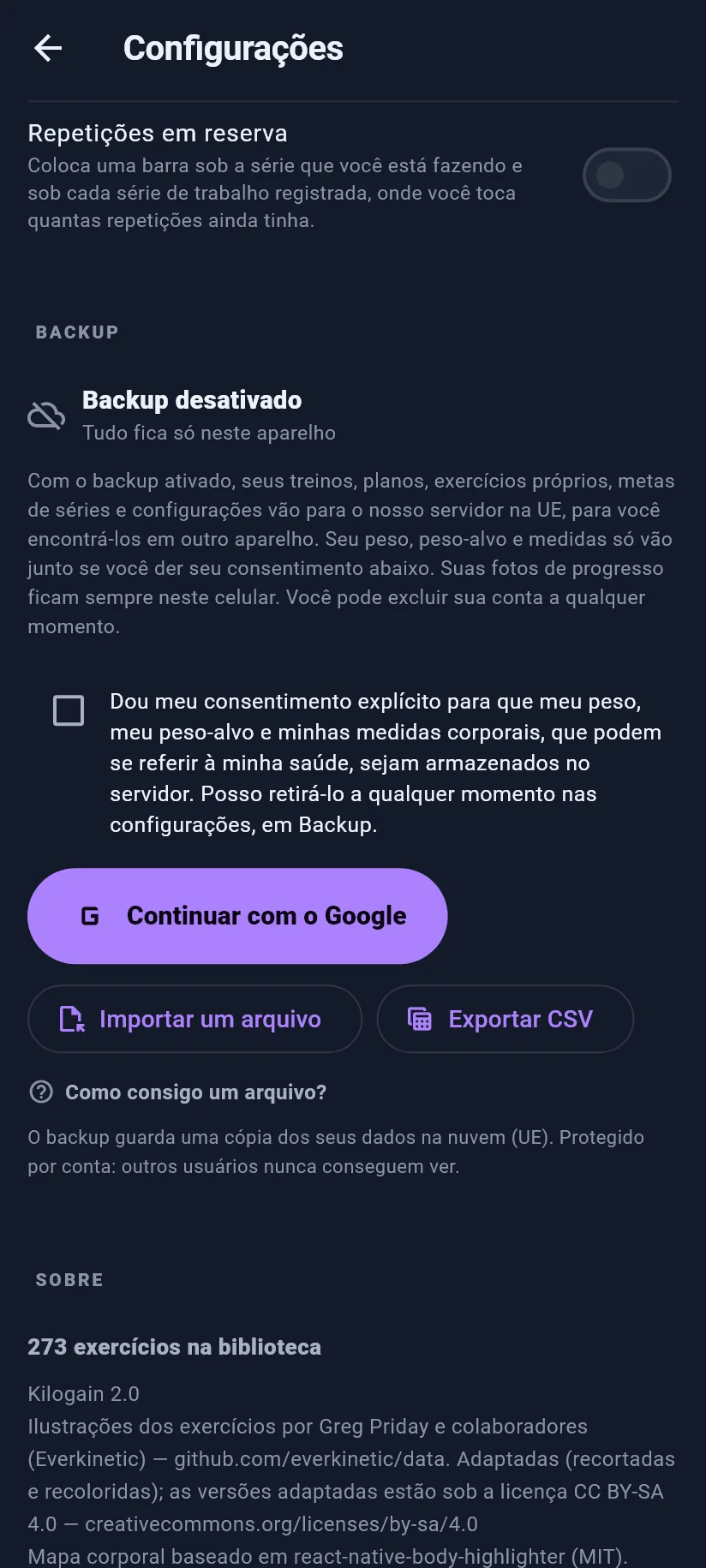 Configurações: treino, backup e dados
