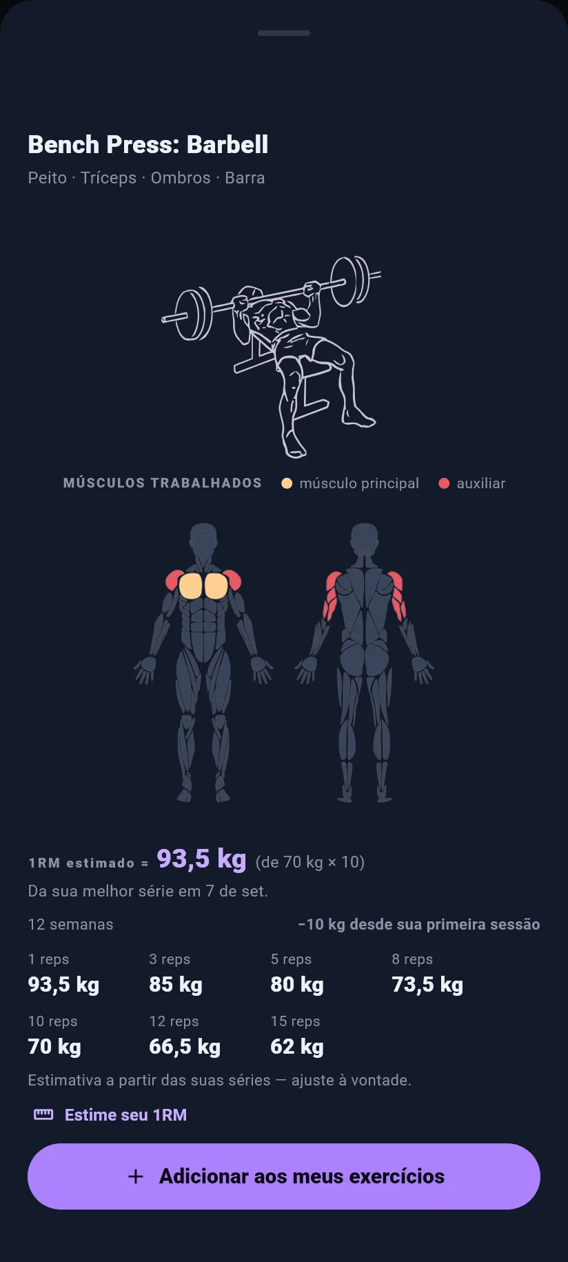 Exercícios: por exercício e 1RM