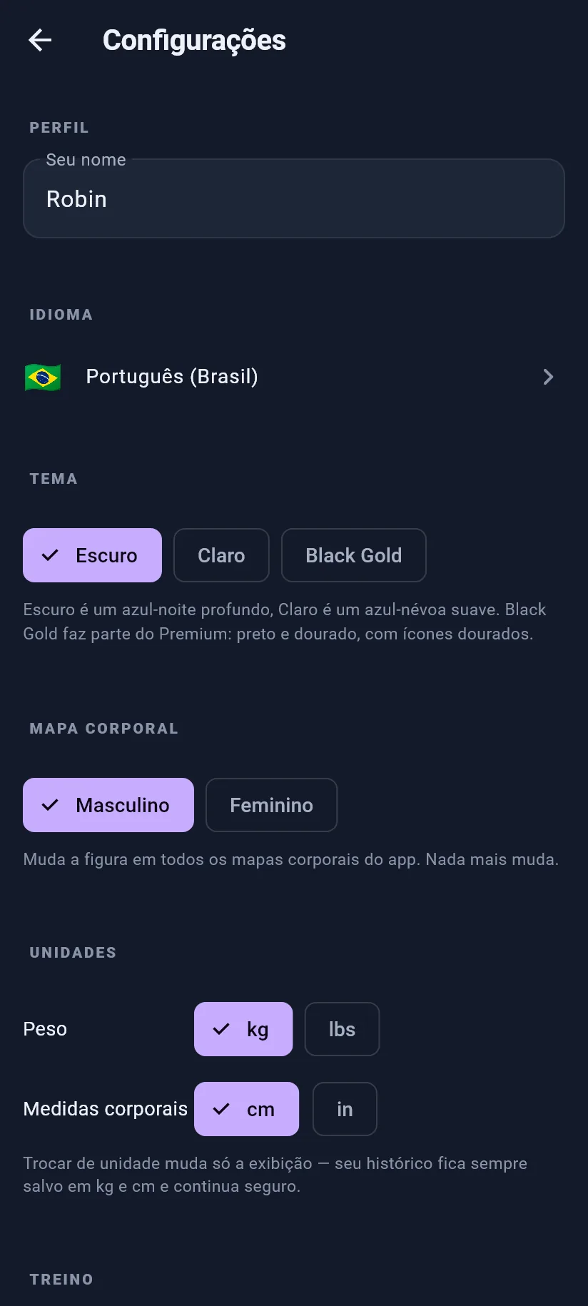 Configurações: perfil e exibição