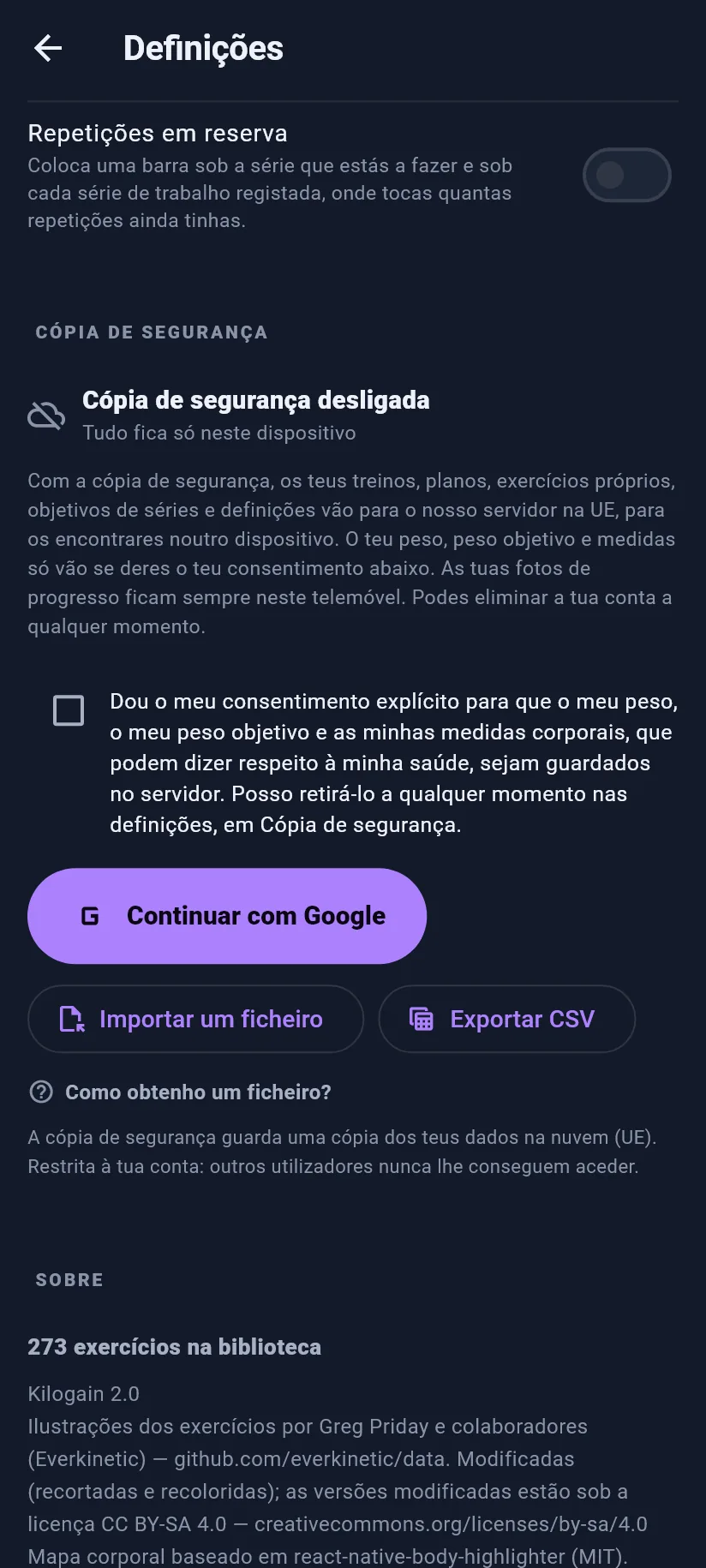 Definições: treino, cópia de segurança e dados