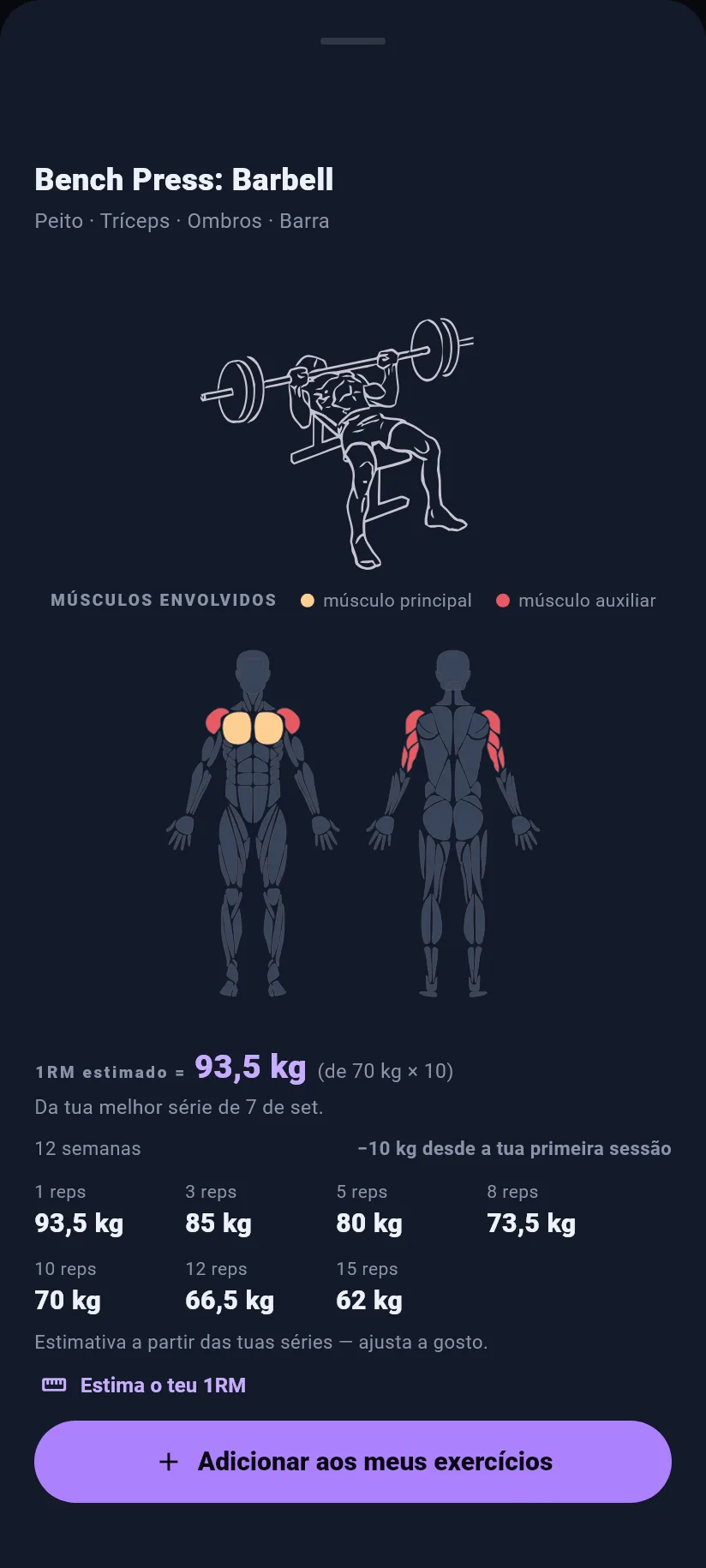 Exercícios: por exercício e 1RM