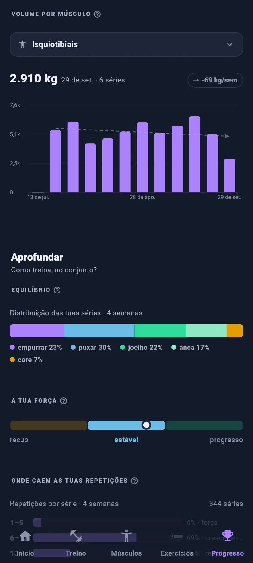 Progresso: as tuas tendências: volume por grupo muscular