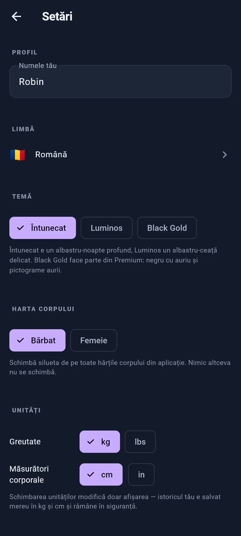 Setări: profil și afișare