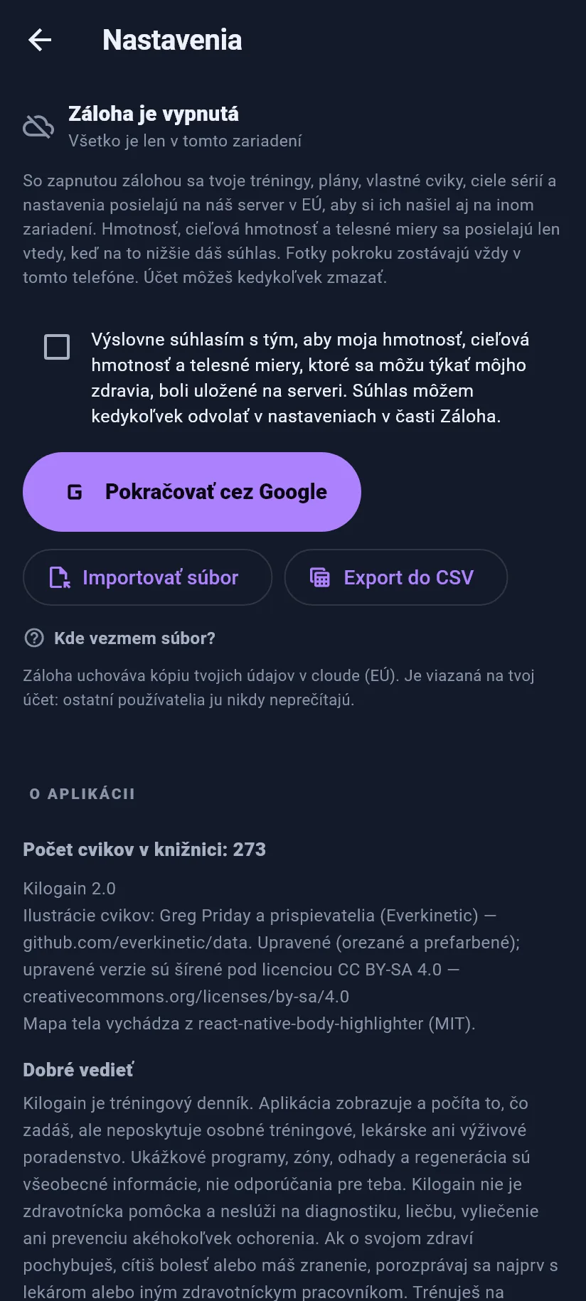 Nastavenia: tréning, záloha a dáta