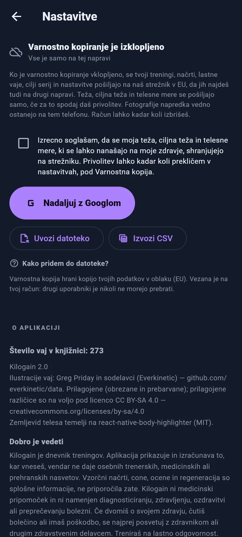 Nastavitve: trening, varnostna kopija in podatki