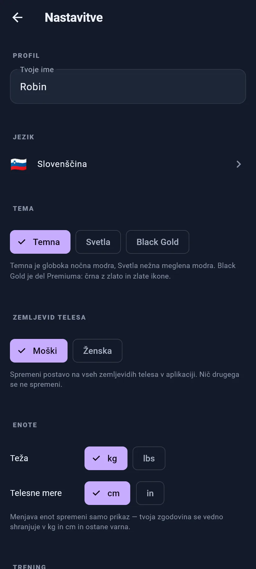 Nastavitve: profil in prikaz