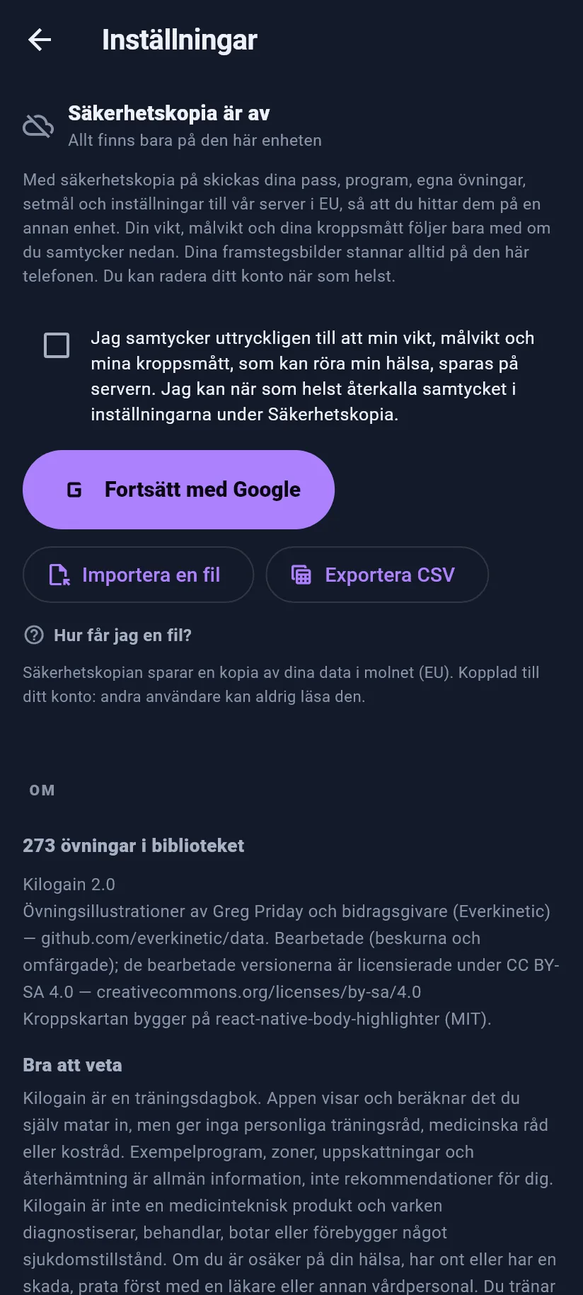 Inställningar: träning, säkerhetskopia och data