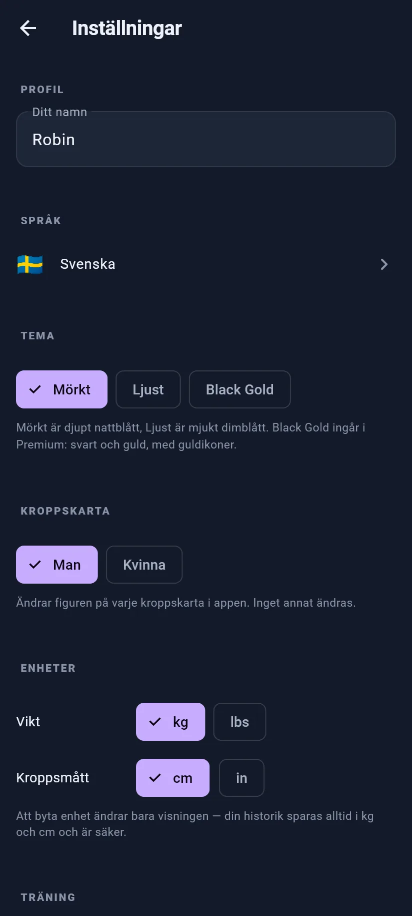 Inställningar: profil och visning