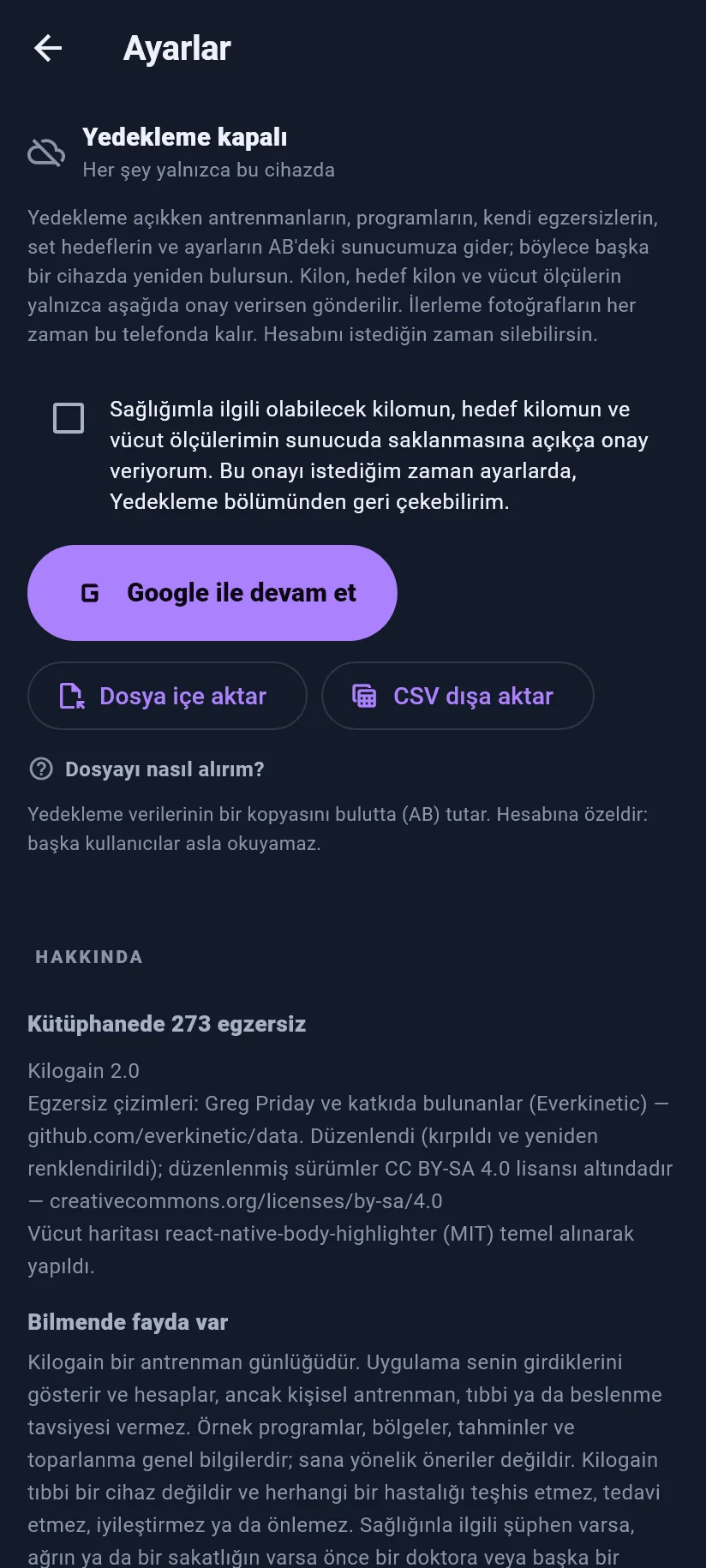 Ayarlar: antrenman, yedekleme ve veriler